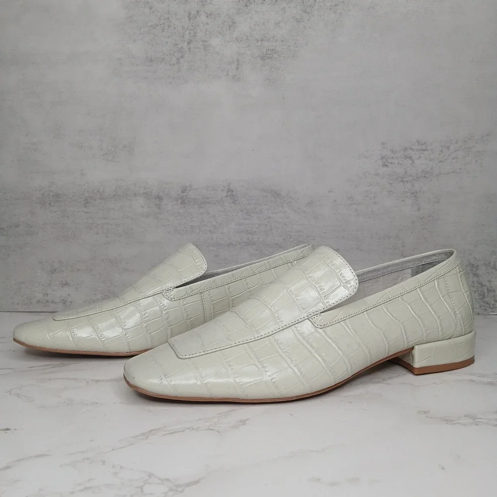 Jeffrey Campbell l Marko Leather Croc Embossed Loafer Square Toe Ivory Womens 10